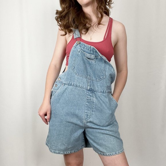 Vintage Oversized Rigid Denim High Rise Straight Leg Jean Romper Overall Shorts - Picture 2 of 10